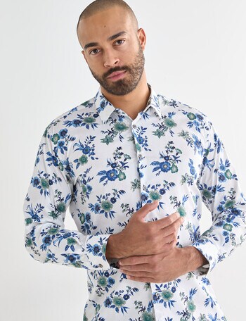 Laidlaw + Leeds Floral All Over Print Long Sleeve Shirt, White product photo