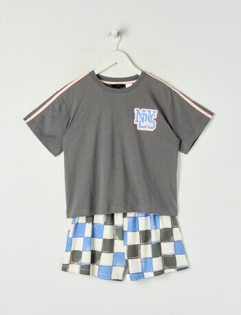 Sleep Squad Varsity Knit Short PJ Set, Blue & Grey, 8-16 product photo