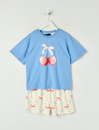 Sleep Squad Cherry Bows Knit Short PJ Set, Blue, 8-16 product photo