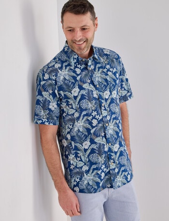 Chisel Slub Print Palm Short Sleeved Shirt, Blue product photo