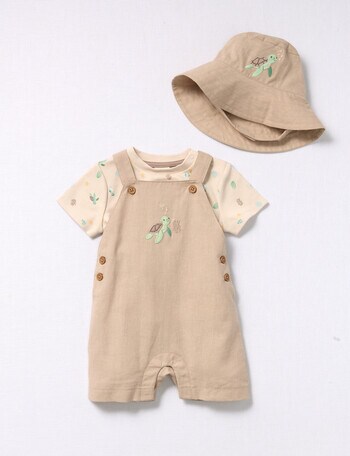 Little Bundle Sea Friends Shortall, Tee & Hat, 3-Piece Set, Sand product photo