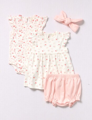 Little Bundle Bodysuit Dress, Bodysuit, Bloomer & Head Band, 4-Piece Set, White & Pink product photo