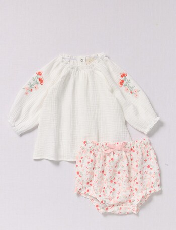 Little Bundle Woven Top & Bloomer, 2-Piece Set, White & Pink product photo