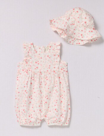 Little Bundle Woven Romper & Hat, 2-Piece Set, White & Pink product photo