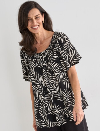 Ella J Leaf Print Shirred Top, Blue product photo