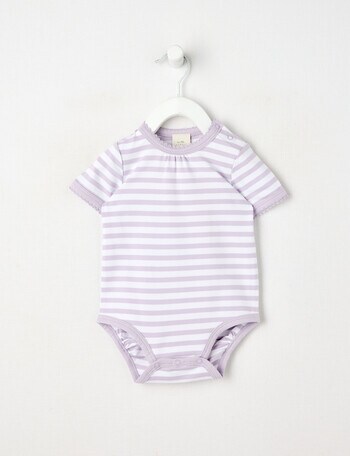 Little Bundle Essentials Stretch Cotton Stripe Short-Sleeve Bodysuit, Orchid & White product photo