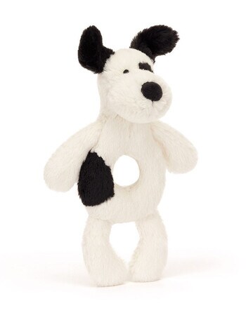 Jellycat Bashful Black & Cream Puppy Ring Rattle product photo