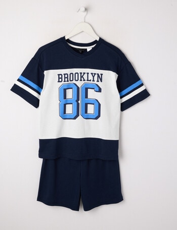 Sleep Squad Cali Football Short PJ Set, Navy, 8-16 product photo