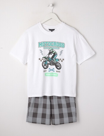 Sleep Squad Motocross Knit & Woven PJ Set, White & Charcoal, 8-16 product photo