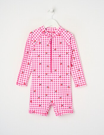 Wavetribe Strawberry Gingham Long Sleeve Sunsuit, Pink product photo