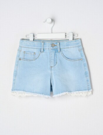 Mac & Ellie Lace Trim Stretch Denim Short, Light Blue product photo