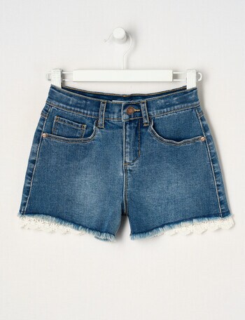 Mac & Ellie Lace Trim Stretch Denim Short, Mid Blue product photo