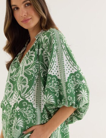 Whistle Scarf Print Three Quarter Sleeve Blouse, Green product photo