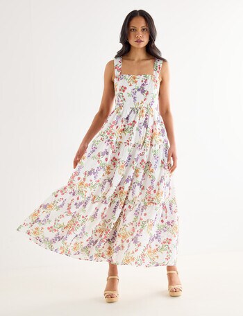 Whistle Embroidered Floral Print Dress, White product photo
