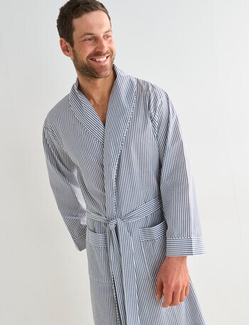 Mazzoni Woven Cotton Fine Striped Robe, Light Navy & White product photo