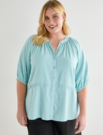 Studio Curve Linen Blend Pleat Front Blouse, Mint product photo