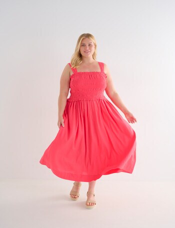 Studio Curve Linen Blend Ruched Bodice Dress, Bright Coral product photo