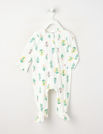 Teeny Weeny Sleep Meadow Flowers Stretch Cotton Sleepsuit, White product photo