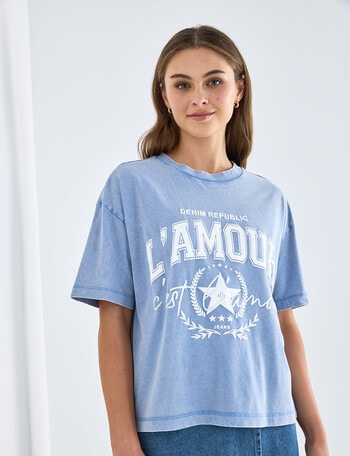 Denim Republic Short Sleeve Puff Tee, Washed Denim Blue product photo