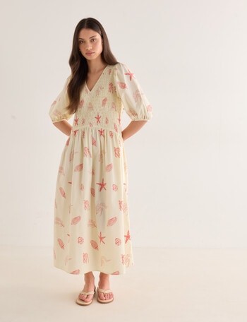 Mineral Aurora Printed Shirred Bodice Dress, Red product photo