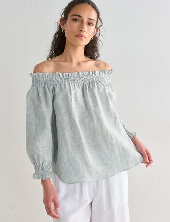 Zest Linen Shirred Peasant Top, Seafoam product photo
