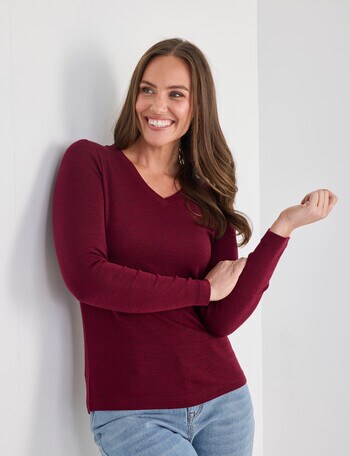North South Merino Long Sleeve V-Neck Top, Ruby Marle product photo