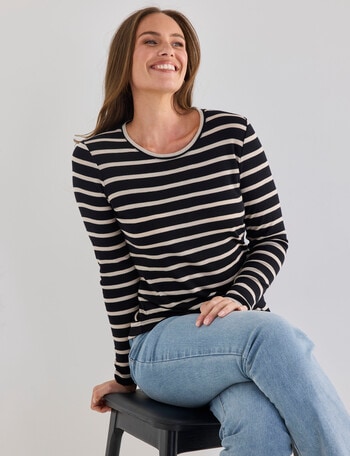 North South Merino Long Sleeve Round Neck Top, Black & Oatmeal Stripe product photo