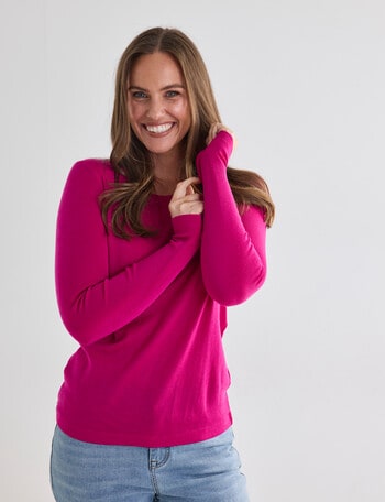 North South Merino Long Sleeve Round Neck Top, Vibrant Magenta product photo