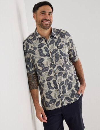 Kauri Trail Print Palm Short Sleeve Viscose Shirt, Tan product photo
