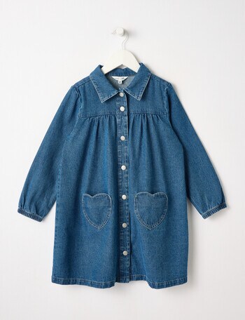 Mac & Ellie Heart Pocket Long Sleeve Denim Dress, Mid Blue product photo