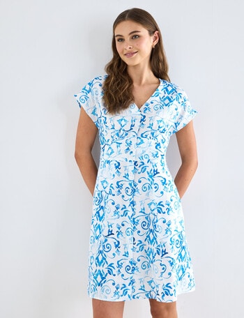 Zest Linen Tile Button Up Tea Dress, Blue & White product photo