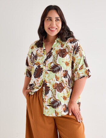 Studio Curve Linen Blend Short Sleeved Shirt, Bush Tropics product photo