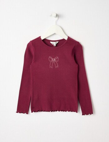 Mac & Ellie Embroidered Bow Long Sleeve Rib Tee, Berry product photo