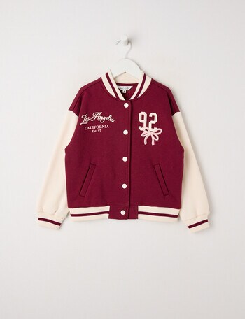 Mac & Ellie Varsity La Bow Jacket, Berry product photo