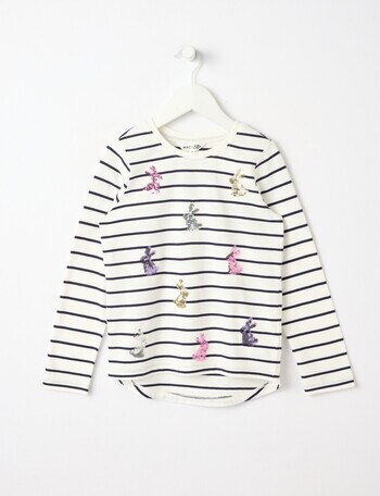 Mac & Ellie Sequin Bunny Stripe Long Sleeve Tee, Navy product photo