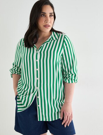 Studio Curve Striped Curved Hem Shirt, Green product photo