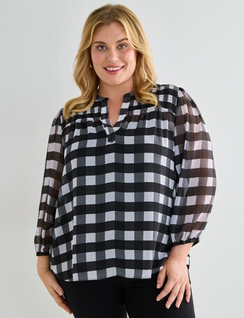 Studio Curve Gingham Shirred Blouse, Black product photo