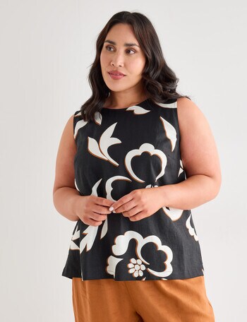 Studio Curve Linen Blend Button Back Tank Top, Bold Cocoa Flower product photo