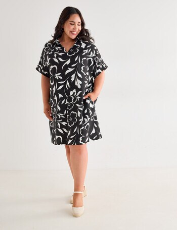 Studio Curve Linen Blend Collared Shift Dress, Black Floral product photo