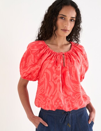 Zest Linen Lotus Floral Puff Sleeve Top, Coral product photo