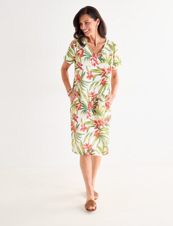 Ella J Linen V-Neck Dress, Tropical product photo