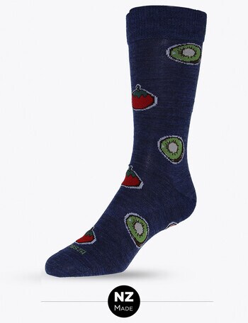 NZ Sock Co. Tourist Tomato Sauce & Kiwifruit Merino Sock, Dark Denim product photo