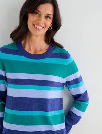 Ella J Merino Crew Neck Jumper, Blue & Green Stripe product photo