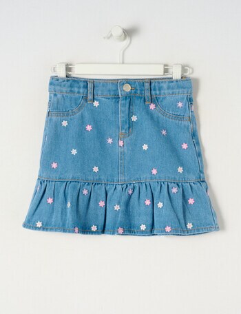 Mac & Ellie Denim Embroidered Floral Skirt, Mid Blue product photo