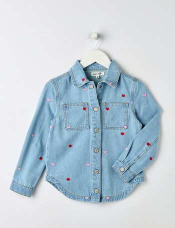 Mac & Ellie Embroidered Hearts Denim Shacket, Light Blue product photo