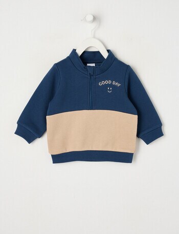 Teeny Weeny Play Time Fleece Quarter Zip Sweatshirt, Navy & Blonde Wood product photo