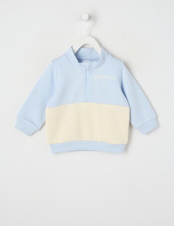 Teeny Weeny Play Time Fleece Quarter Zip Sweatshirt, Moonstone Blue & Chalk product photo