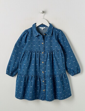 Mac & Ellie Bows Long Sleeve Denim Jacquard Dress, Mid Blue product photo