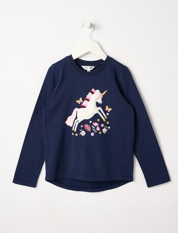 Mac & Ellie Unicorn Applique Long Sleeve Tee, Navy product photo