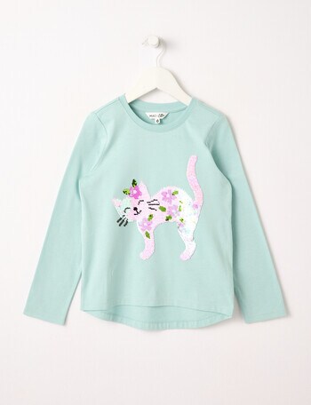 Mac & Ellie Flip Sequin Cat Long Sleeve Tee, Dark Mint product photo